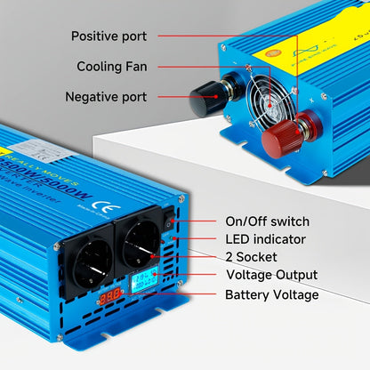 Omvormer – Stroomomzetter – Spanningsomvormer – 12V Omvormer – 24V Omvormer – 2500W Continu Vermogen – LCD-Display
