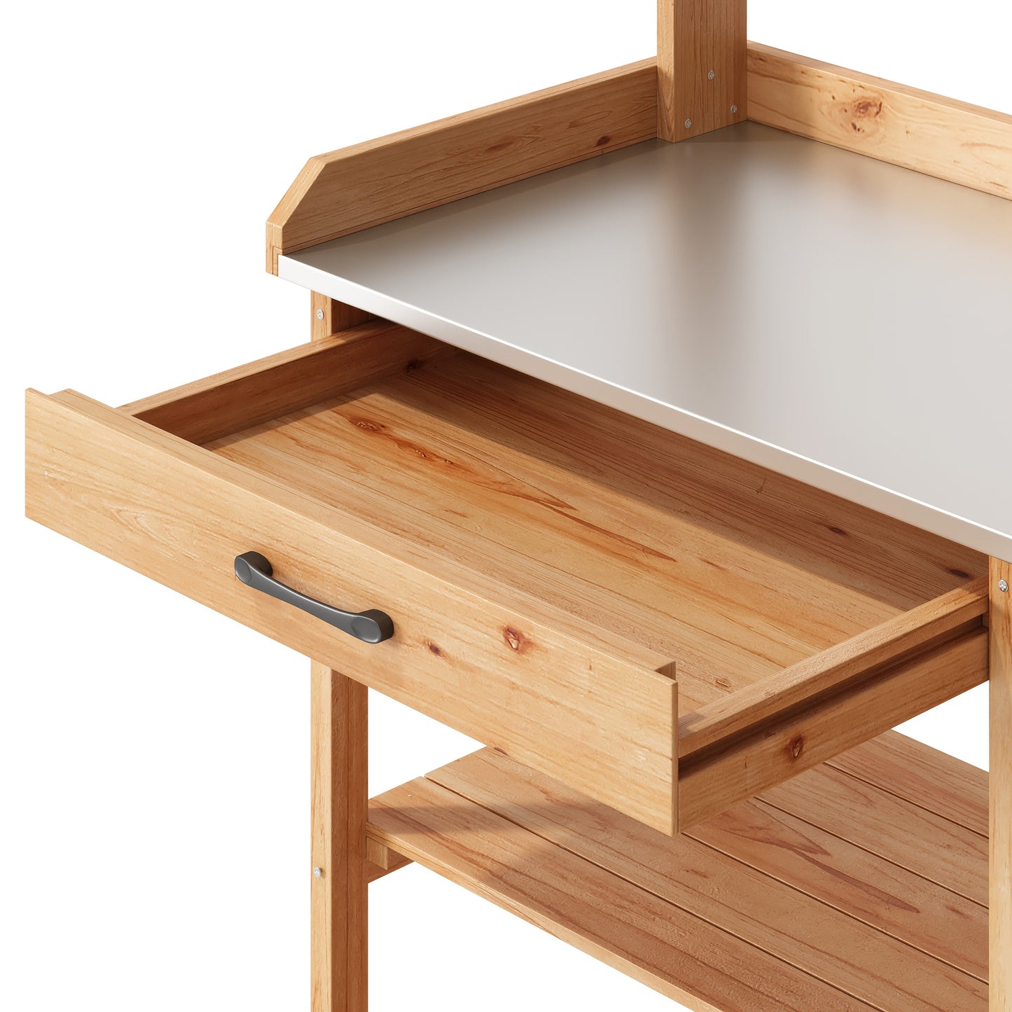 Tuinwerkbank – Werktafel Tuinieren – Plantentafel Met Opbergruimte – Tuinkast Met Planken – Werkbank Met Metalen Werkblad – Houtkleur Variant – Stevig Metalen Werkblad – Handige Zijhaken