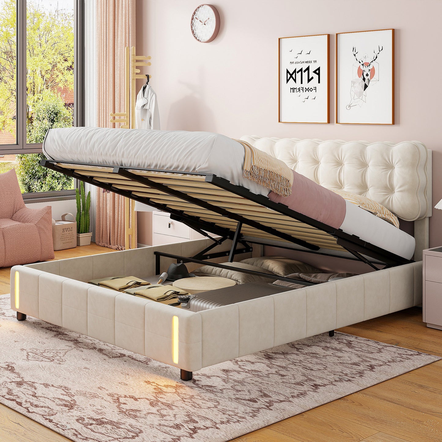 Upholstered Bed – Opbergbed – Bed Met Opbergruimte – Slaapbed – Boxspringbed – Hydraulische Opbergruimte – Velvet Beige 160x200 cm