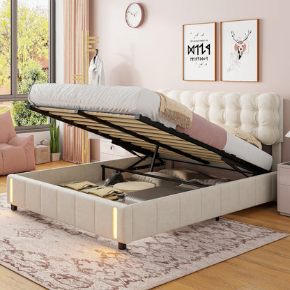 Upholstered Bed – Opbergbed – Bed Met Opbergruimte – Slaapbed – Boxspringbed – Hydraulische Opbergruimte – Velvet Beige 160x200 cm