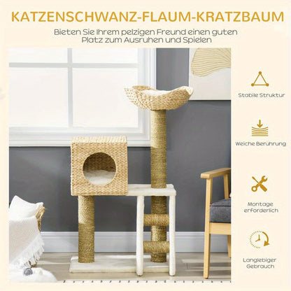 Scratching Post with Cat House, Sisal Scratching Columns, Washable Cushions, 100.5H x 57L x 37B cm, White/ Natural, Feline Enrichment, Pet Scratching Post, Stylish Cat Tree, Minimalist Design, Sturdy Frame, Sisal Rope Constru