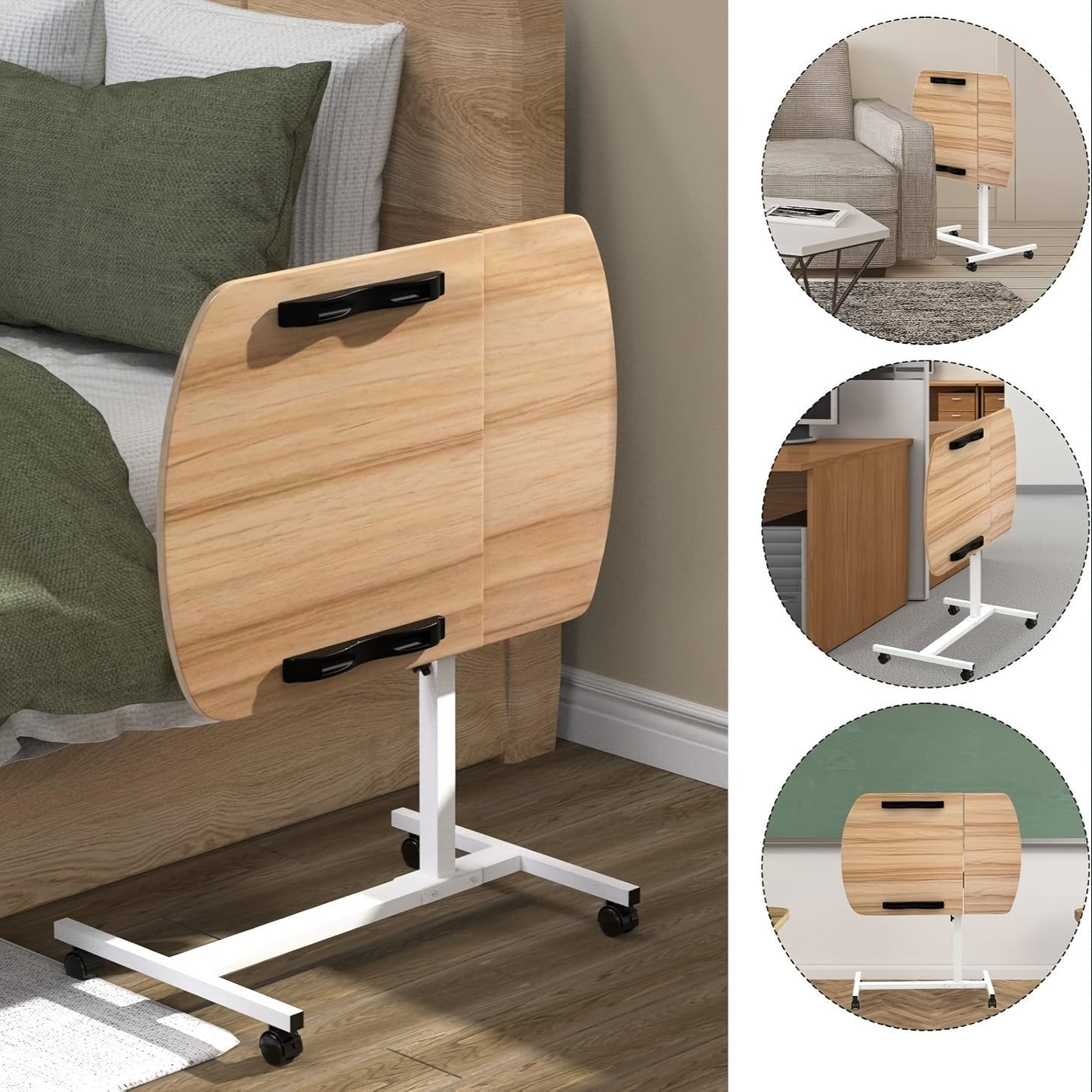 Height Adjustable Mobile Computer Desk, 60x40x61.5-96.5cm Rolling Workstation with Lockable Wheels/Anti-Slip Bars, Portable Laptop Desk for Home Office | Easy to Assemble (Wood Color)