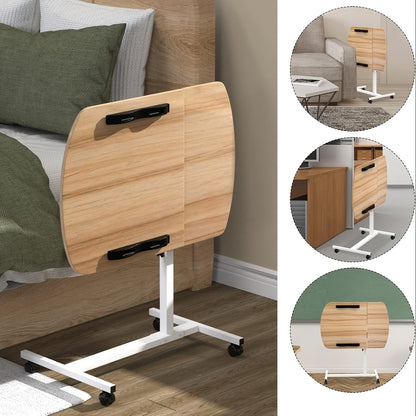 Height Adjustable Mobile Computer Desk, 60x40x61.5-96.5cm Rolling Workstation with Lockable Wheels/Anti-Slip Bars, Portable Laptop Desk for Home Office | Easy to Assemble (Wood Color)