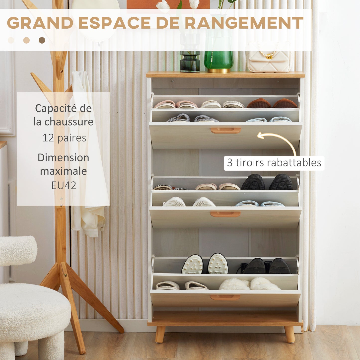 Schoenenkast – Schoenopberger – Schoenenrek – Schoenenkastje – Wit – Scandinavisch Design – 3 Kleppen Met Verstelbare Vakindeling – Compact 70x23,5x122 cm