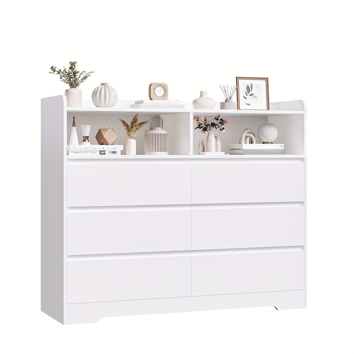 Ladekast Wit – Commode – Opbergkast – Dressoir – Kast Met Lades – 6 Ruime Lades – 2 Open Vakken – Modern Design – Kunststof En Hout