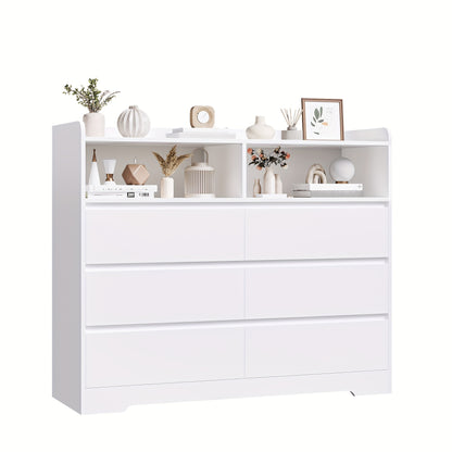 Ladekast Wit – Commode – Opbergkast – Dressoir – Kast Met Lades – 6 Ruime Lades – 2 Open Vakken – Modern Design – Kunststof En Hout