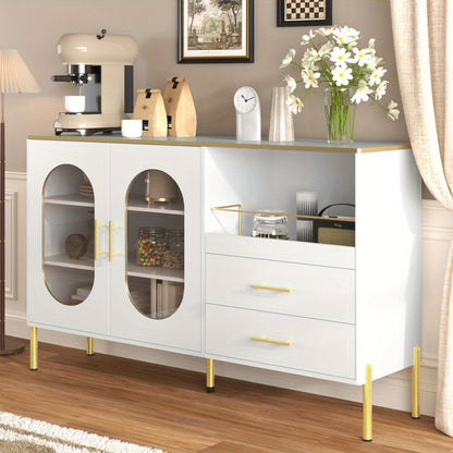 Dressoir – Buffetkast – Ladekast – Sideboard – Opbergkast – Modern Wit Met Gouden Accenten – 2 Glazen Deuren & 2 Lades – Luxe Strakke Afwerking – Stevig & Duurzaam