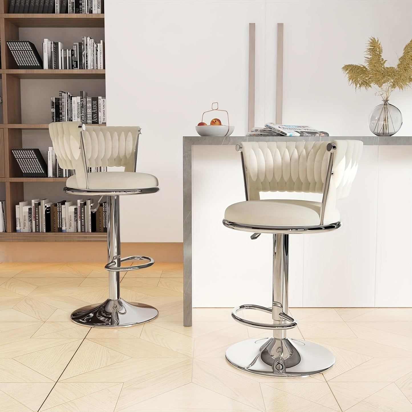 Set van 2 Barstoelen met Gevlochten Rugleuning – Velvet Keukenkrukken, Hoog, Verstelbaar en Draaibaar – Zilverkleurige Barkrukken voor Keuken of Bar