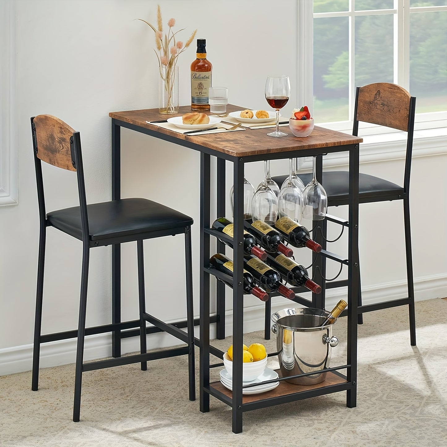 3pcs Industrial Modern Farmhouse Bar Table Set with 2 Bar Stools - Heavy-Duty Metal & Wood Kitchen/Dining Table with Wine Rack, Glass Holder & Storage Shelf, Space-Saving Design for Small Spaces, Rustic Brown/ Finish, Ideal f