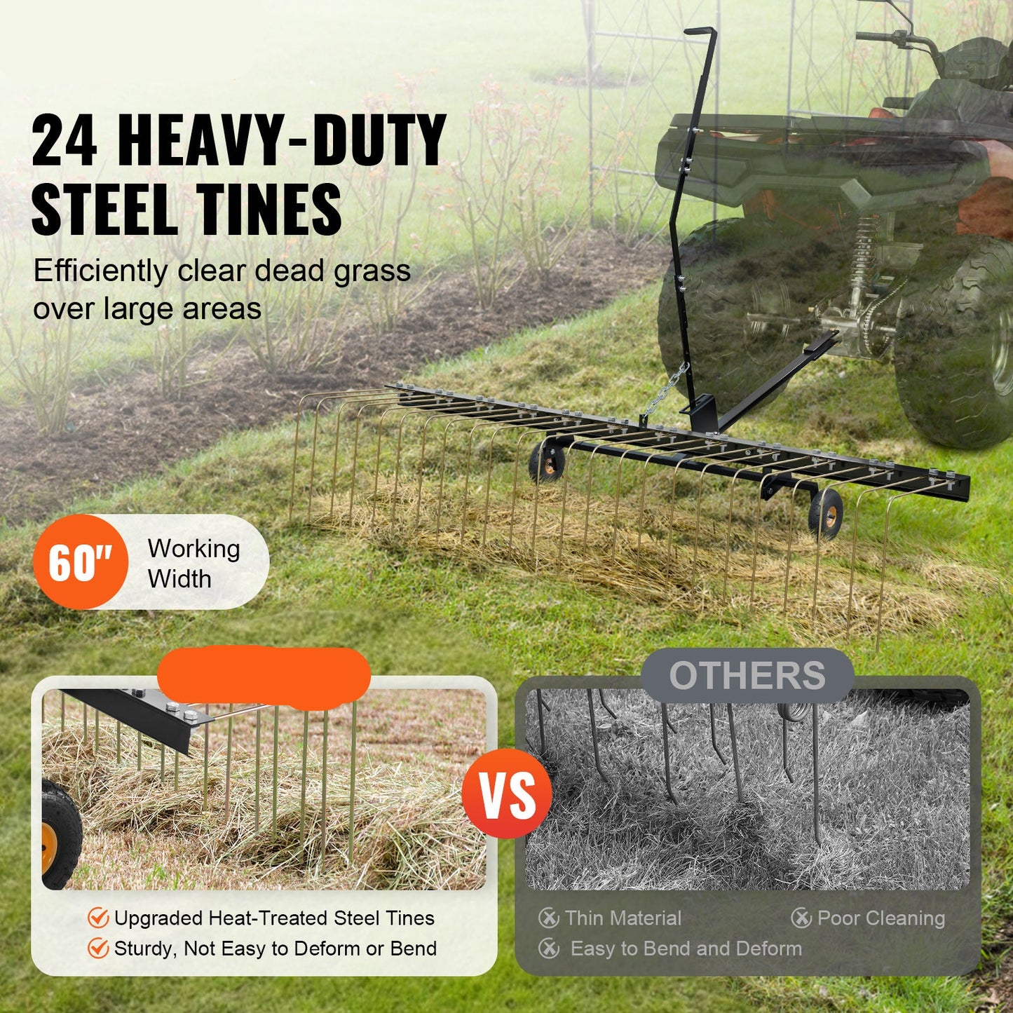 Verticuteerhark – Aanhanghark – Verticuteren Hark – Grasmaaiers Hark – ATV Hark – 60 Inch Werkbreedte – 24 Stalen Tanden