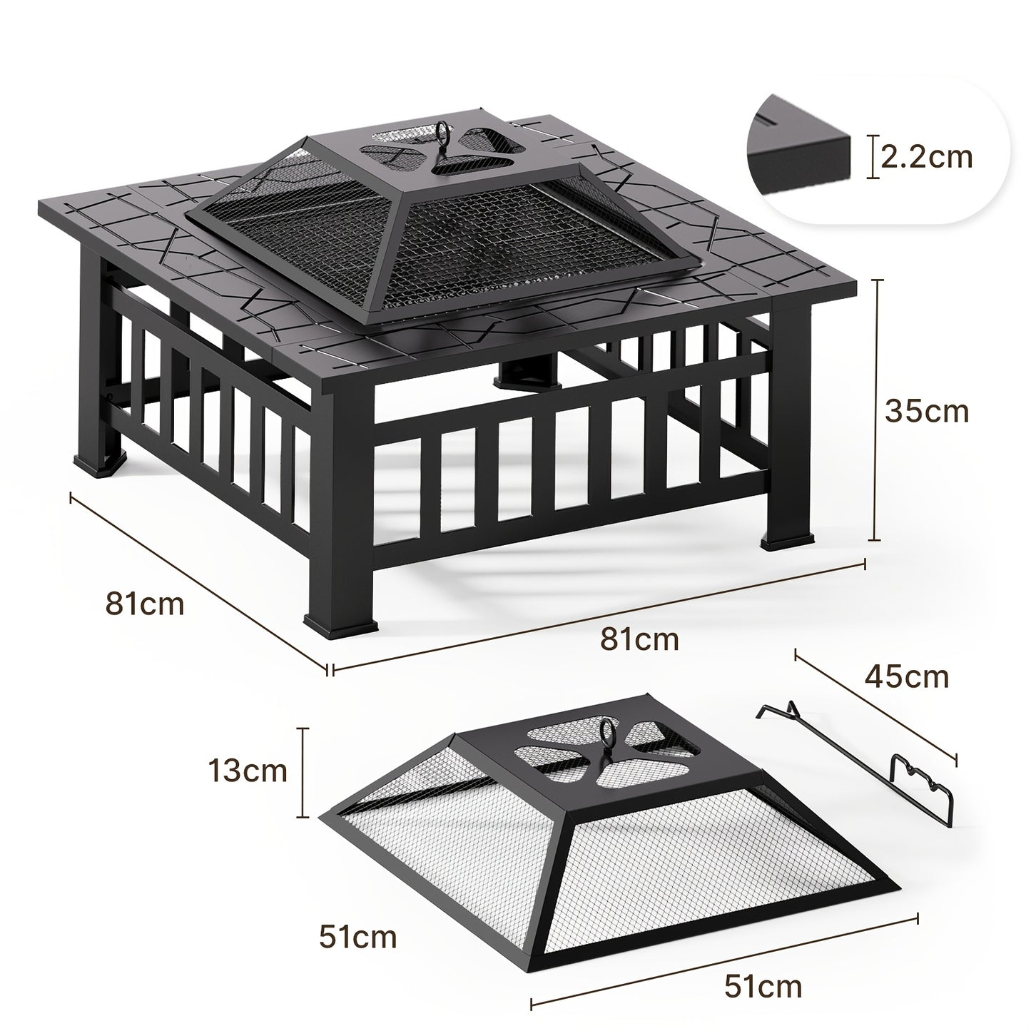 Vuurschaal Vierkant – Vuurkorf – BBQ Grill – Buitenhaard – Tuinhaard – Metaal – Spatscherm – 81x81x35 cm – Inclusief Waterdichte Afdekhoes