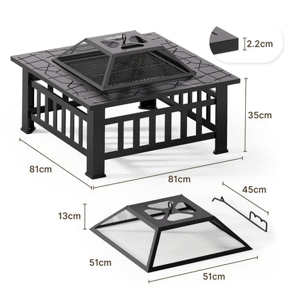 Vuurschaal Vierkant – Vuurkorf – BBQ Grill – Buitenhaard – Tuinhaard – Metaal – Spatscherm – 81x81x35 cm – Inclusief Waterdichte Afdekhoes