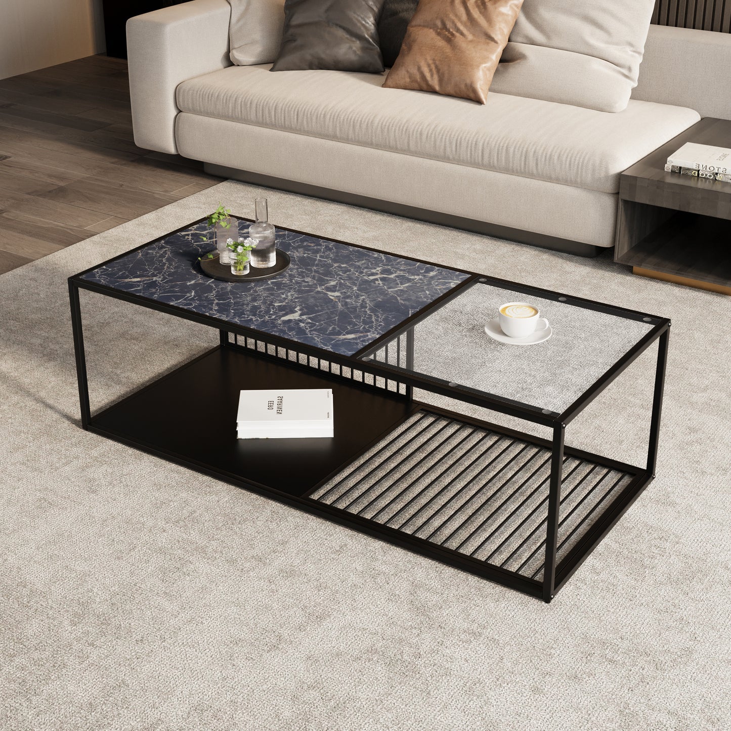 BTM Coffee Table, Wrought Iron Coffee Table with Glass, Large Storage Space