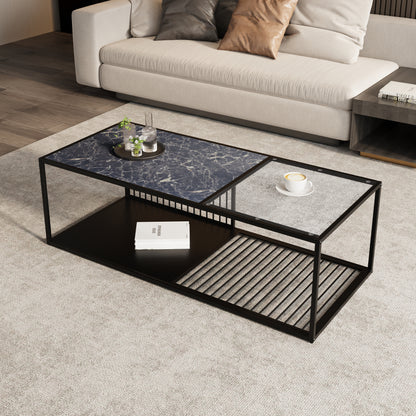 BTM Coffee Table, Wrought Iron Coffee Table with Glass, Large Storage Space