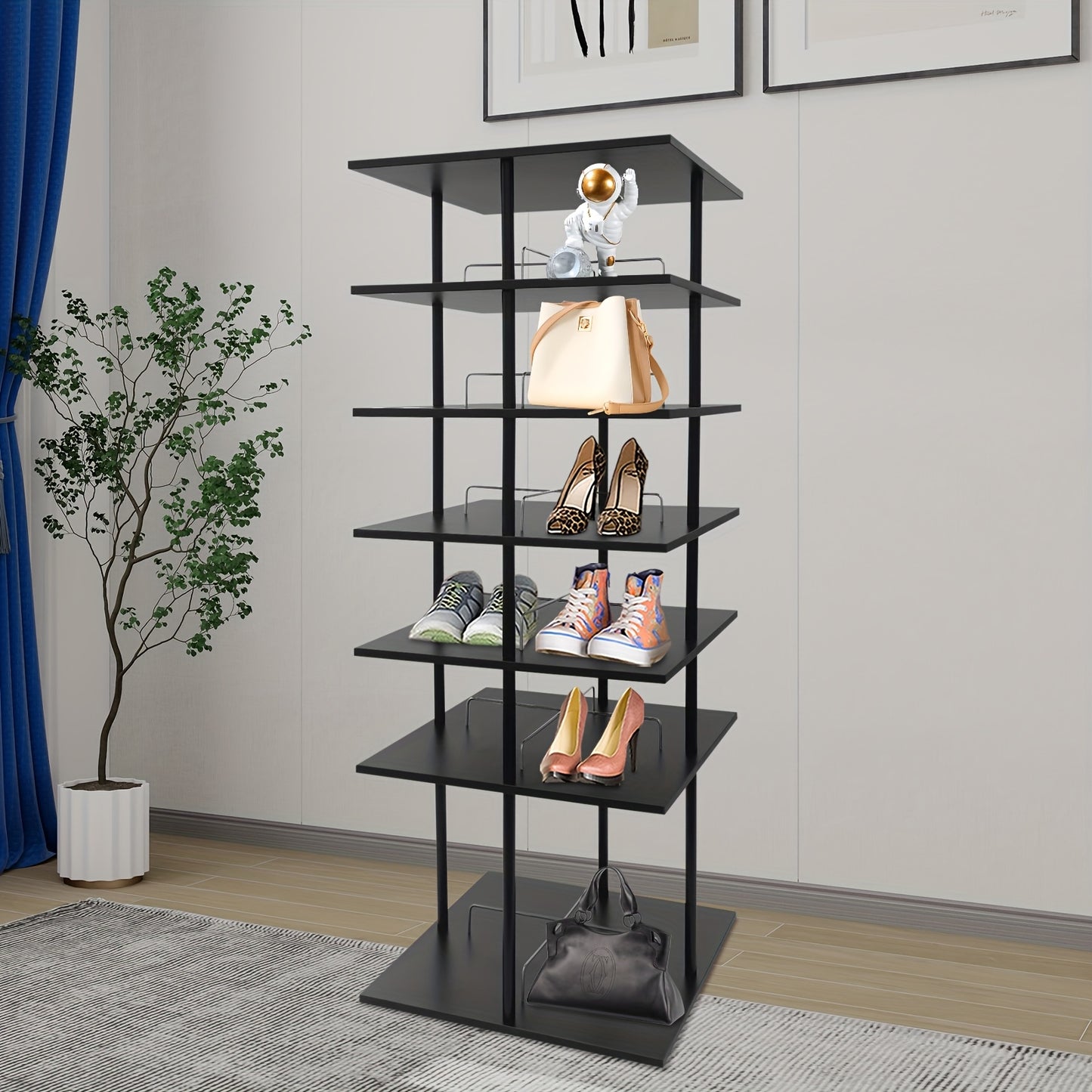 Schoenenrek – Schoenenkast – Schoenenopberger – Schoenenrek Hout – Schoenenrek Metaal – 6 Lagen – 360° Draaibaar – 57x57x155 cm – Zwart