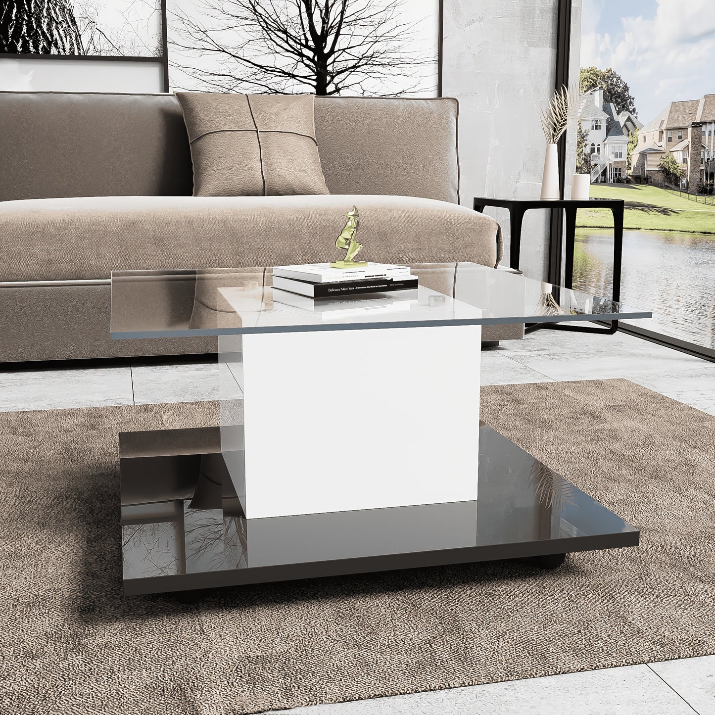 Coffee Table, Living Room Side Table, High-Gloss Glass Coffee Table, Mobile Coffee Table with Swivel Wheels, White