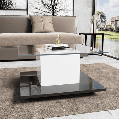 Coffee Table, Living Room Side Table, High-Gloss Glass Coffee Table, Mobile Coffee Table with Swivel Wheels, White