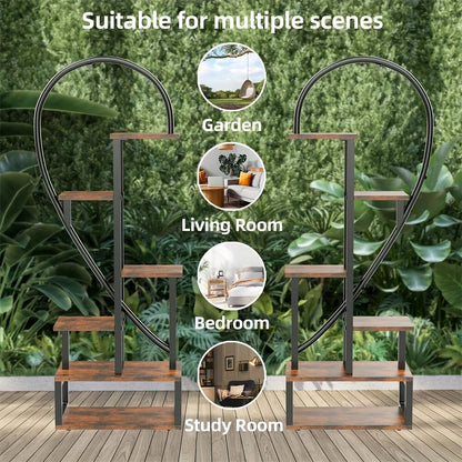 Plantenrek – Plantenstandaard – Bloemenrek – Plantentafel – Plantenetagère – Set van 2 Hartvormige Standaards – MDF en Metaal – 6 Lagen