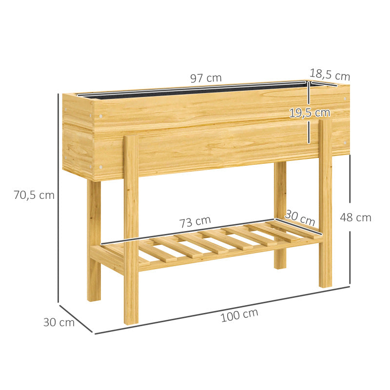 Verhoogde Plantenbak – Bloembak – Tuinbak – Plantenbak Met Opbergruimte – Balkonbak – Natuurlijk Hout – Extra Opbergrek – Waterafvoer Gaten – Duurzaam Vurenhout 100x30x70 cm