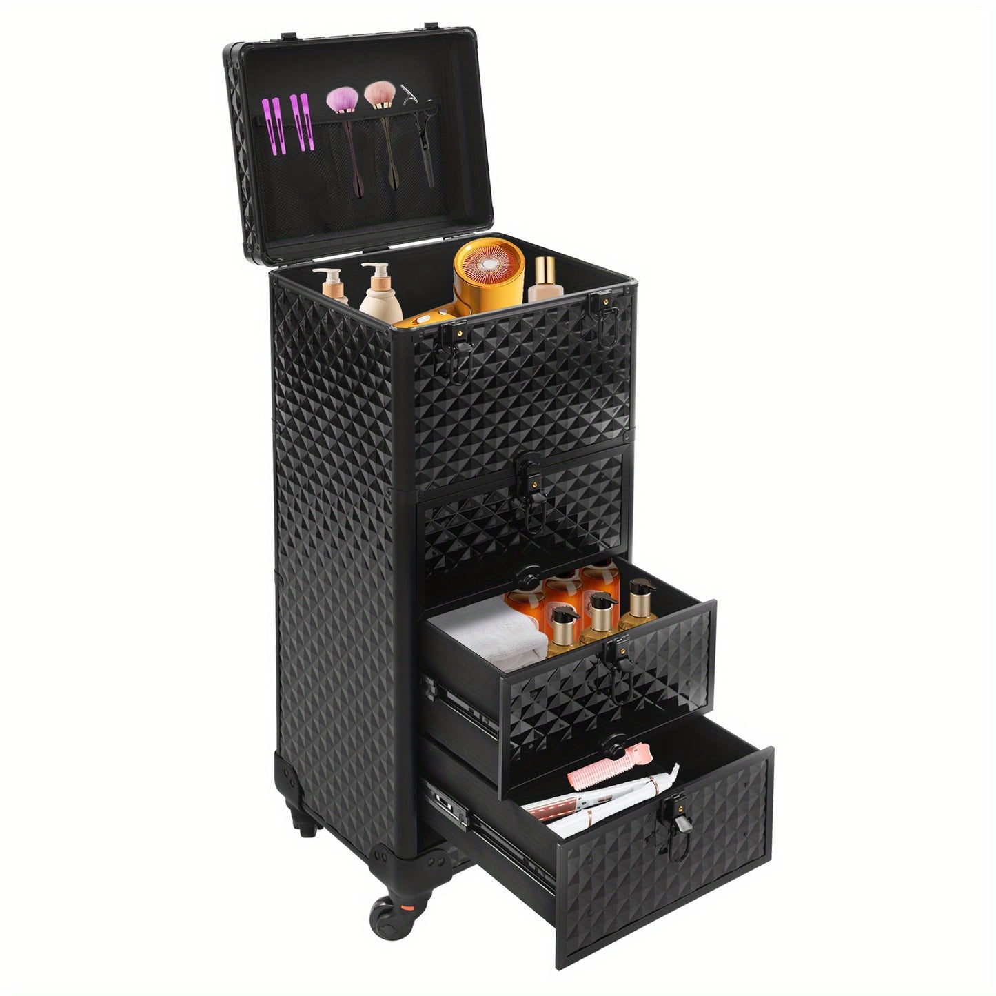 Make-up Organizer – Make-up Trolley – Beautykoffer – Make-up Koffer – Make-up Case – Aluminium Behuizing – Vergrendelbare Laden – Mobiele Make-up Trolley met 4 Wielen – Ruime Opbergruimte voor Salon en Reis