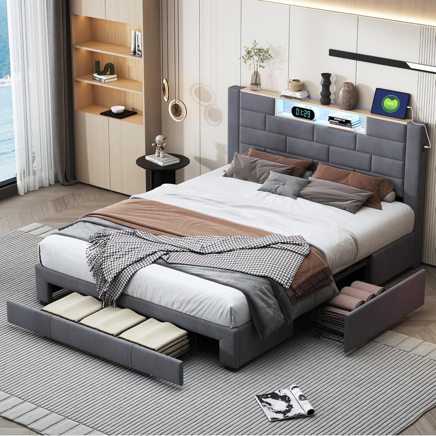 Upholstered Tweepersoonsbed – Bedframe – Boxspring – Slaapbank – Bed Met Opbergruimte – Grijs Fluwelen Bekleding – LED-verlichting Met USB & Type-C Poorten