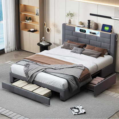 Upholstered Tweepersoonsbed – Bedframe – Boxspring – Slaapbank – Bed Met Opbergruimte – Grijs Fluwelen Bekleding – LED-verlichting Met USB & Type-C Poorten