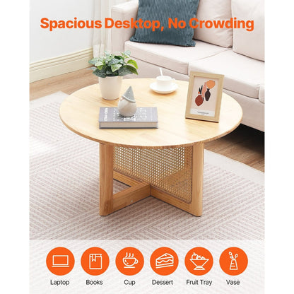 Rattan Salontafel – Rotan Tafel – Koffietafel – Woonkamertafel – Bohemian Tafel – Handgemaakt PE Rattan Onderstel – Rubbenhouten Tafelblad 83 cm