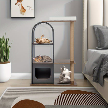 119.38cm Tall Cat Tree Tower with Metal Frame, Top Perch Cat Bed, Jute Scratching Posts, Sisal Board & Hanging Ball - Multi-Level Cat Condo for Indoor Cats, Cat Climbing Tower, Playful Design, Sturdy Construction
