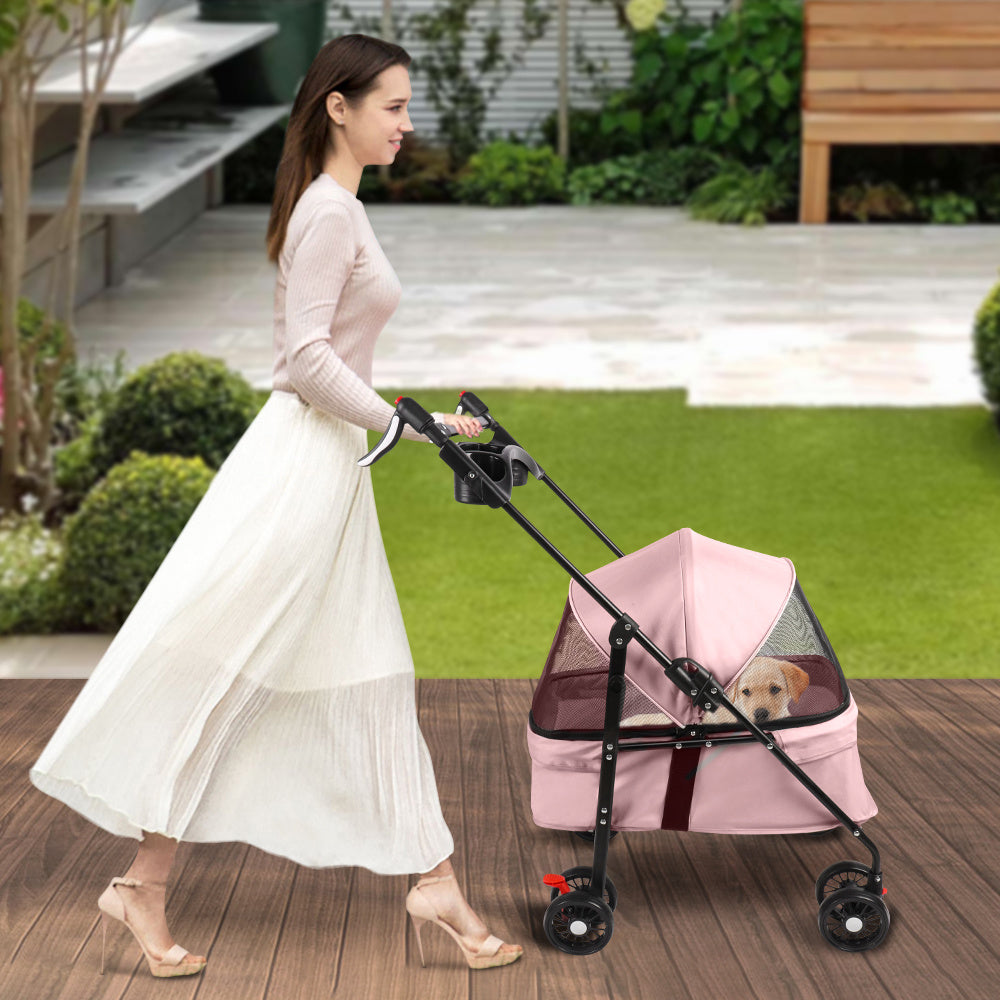 Inklapbare Hondenbuggy – Dierenwagen – Huisdierenwagen – Hondenkar – Kattenbuggy – Compact & Stevig Carbonstaal Frame – Max 15 Kg Draagvermogen – Roze 50x70x95 cm