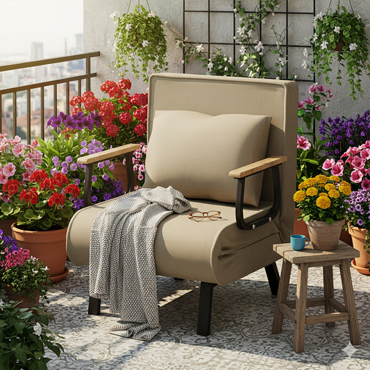 Stoelbed – Slaapstoel – Fauteuil – Ligstoel – Slaapbank – 5-Instelbare Rugleuning – Houten Armleuningen – Zachte Ademende Stof – 60x188 cm