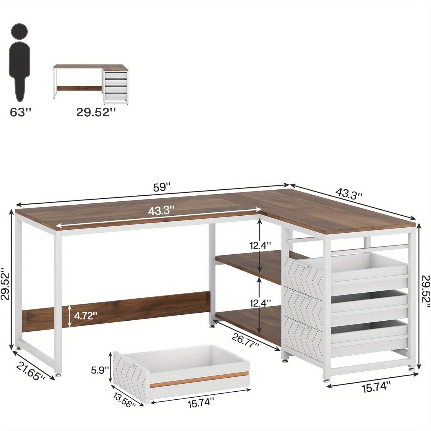 L-vormig bureau – hoekbureau – computerbureau – werkplek bureau – studeerbureau – met 4 ruime lades – stabiele metalen frame – walnoot & wit