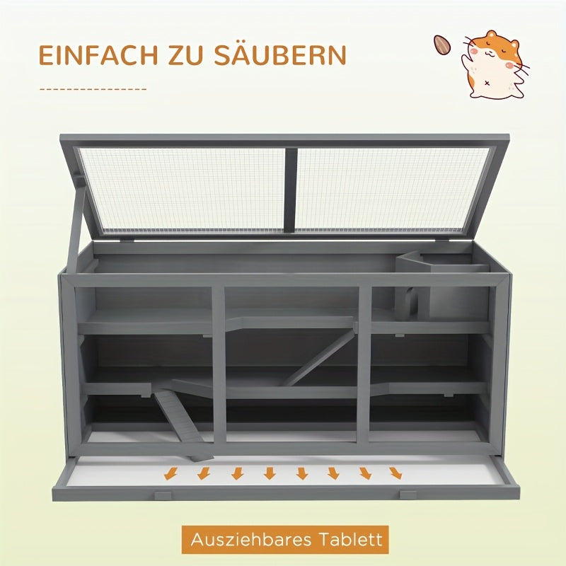 Kleedkooi – Dierenkooi – Knaagdierkooi – Hamsterkooi – Muizenkooi – 3 Verdiepingen Met Trapjes – Ventilatie En Uitneembare Bodem – Stevig Kunststof – Compact Grijs