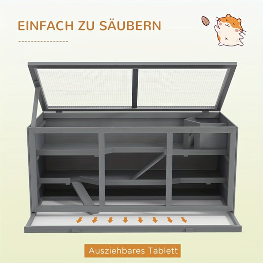Kleedkooi – Dierenkooi – Knaagdierkooi – Hamsterkooi – Muizenkooi – 3 Verdiepingen Met Trapjes – Ventilatie En Uitneembare Bodem – Stevig Kunststof – Compact Grijs