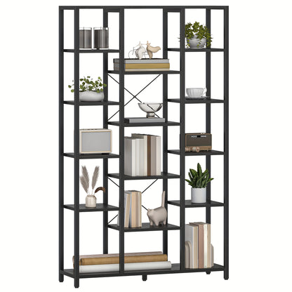 Boekenkast – Boekenkast Vakkenkast – Wandkast – Opbergkast – 6 Lagen Met 15 Open Planken – Verstelbare Planken – Vintage Kleur – 30x100x170 cm – Metaal En Hout