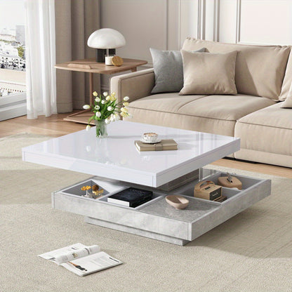 Sofa Tafel – Salontafel – Bijzettafel – Banktafel – Woonkamer Tafel – 360° Draaibaar Bovenblad – Wit Marmer MDF – Dubbel Laags – Uitbreidbaar Art Deco Design