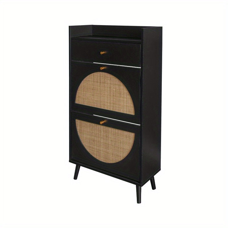 Schoenenkast Rattan – Schoenopberger – Schoenrek – Schoenopslag – Halmeubel – 2 Deuren 1 Lade – Compact 60cm Zwart