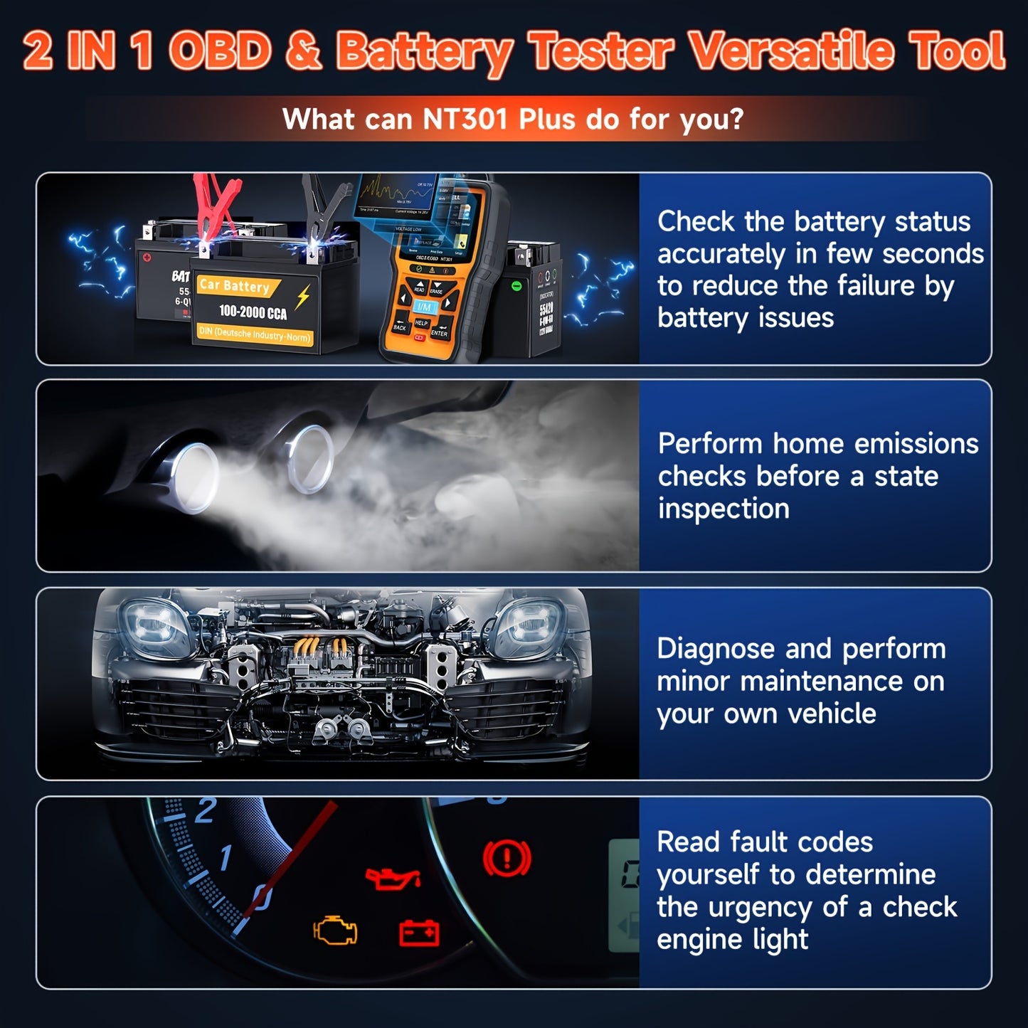 OBD2 Scanner – Diagnostische Scanner – Foutcode Lezer – Batterijtester – Auto Diagnosetool – 12V Batterijtest Met Cold Cranking Amps – Check Engine Light Reset