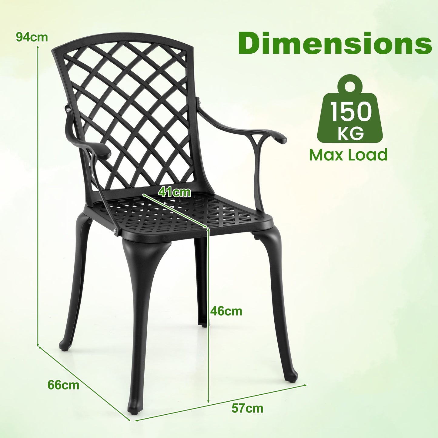 Tuinstoelen – Tuinstoel Set – Buitenkamer Stoelen – Aluminium Stoelen – Balkon Stoelen – Zwart – Gietaluminium – Ergonomische Zitting – Verstelbare Voetdoppen