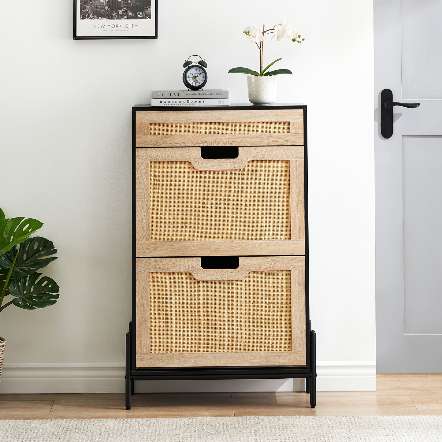 Schoenenkast – Schoenenrek – Schoenenopberger – Halmeubel – Schoenenbank – Natuurlijk Rattan – Opbergruimte voor 12 Paar Schoenen – Anti-Kantel Metalen Frame