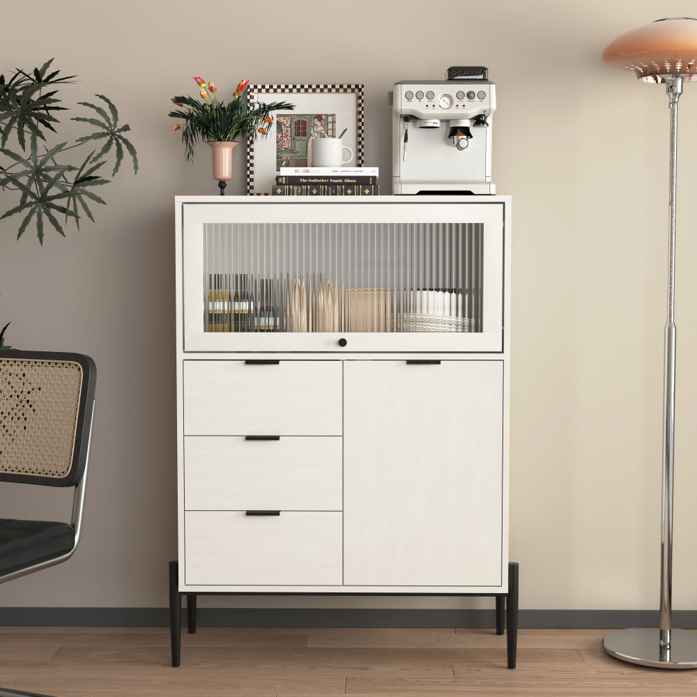 A sideboard featuring three drawers, one door and one glass door, with storage space in the wooden cabinet. Suitable for kitchens, dining rooms and hallways. Dimensions: 85 x 40 x 120 centimetres., Space-Saving Storage Unit,