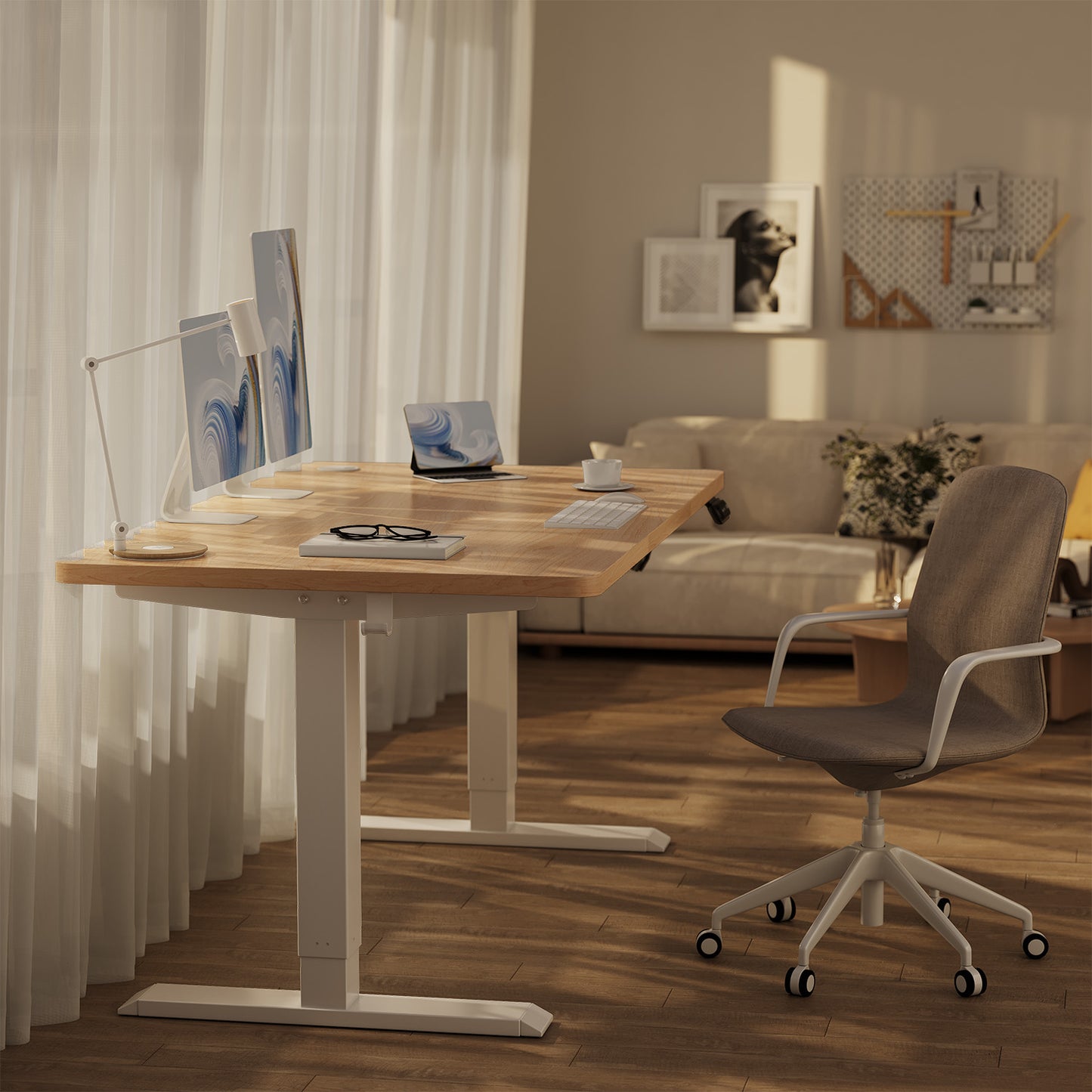 Ergonomisch Zit-Sta Bureau – Verstelbaar Bureau – Sta Bureau – Thuiswerk Bureau – Computerbureau – Handmatig Verstelbaar – Stabiel Stalen Frame – 140x60 cm Champagne