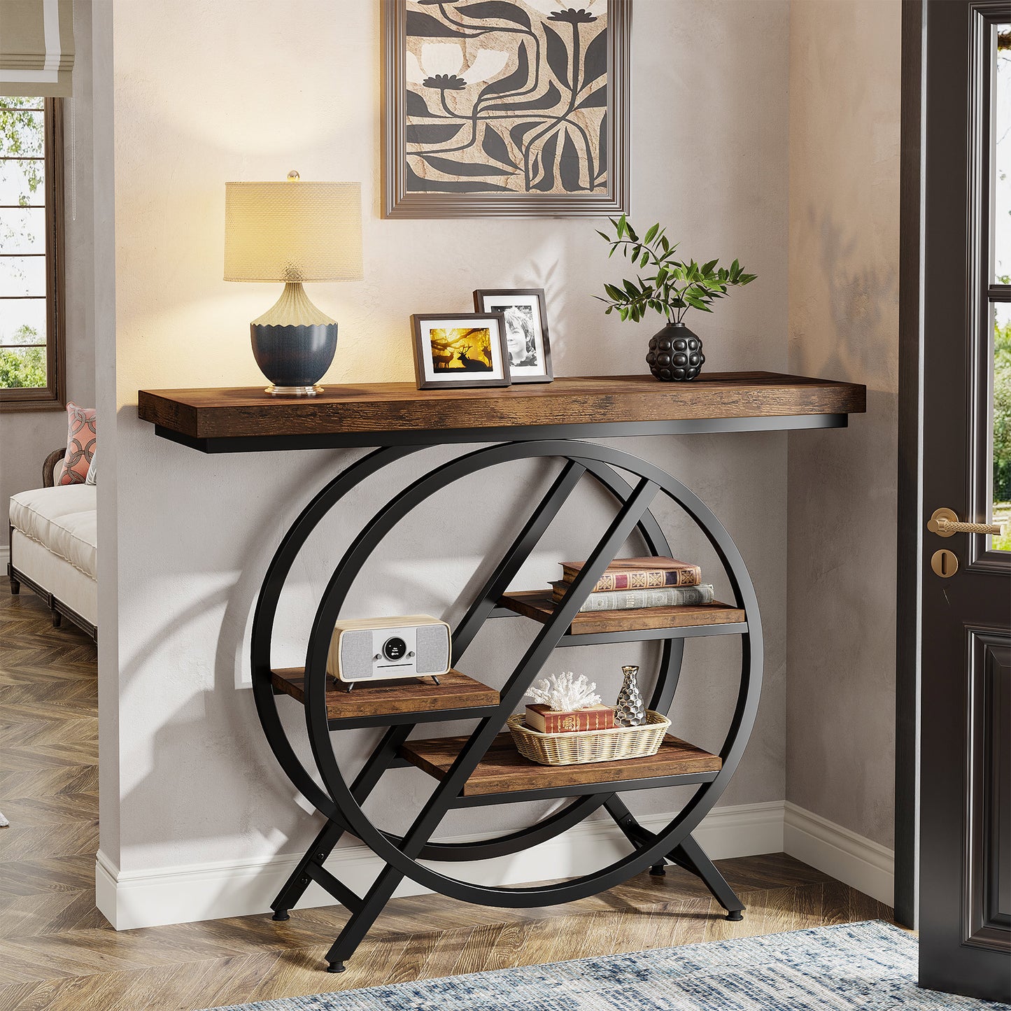 Sidetable – Consoletafel – Haltafel – Wandtafel – Bijzettafel – Rustiek Bruin – 100 cm Smal – Met Metalen Frame & 4 Dikke Opbergniveaus