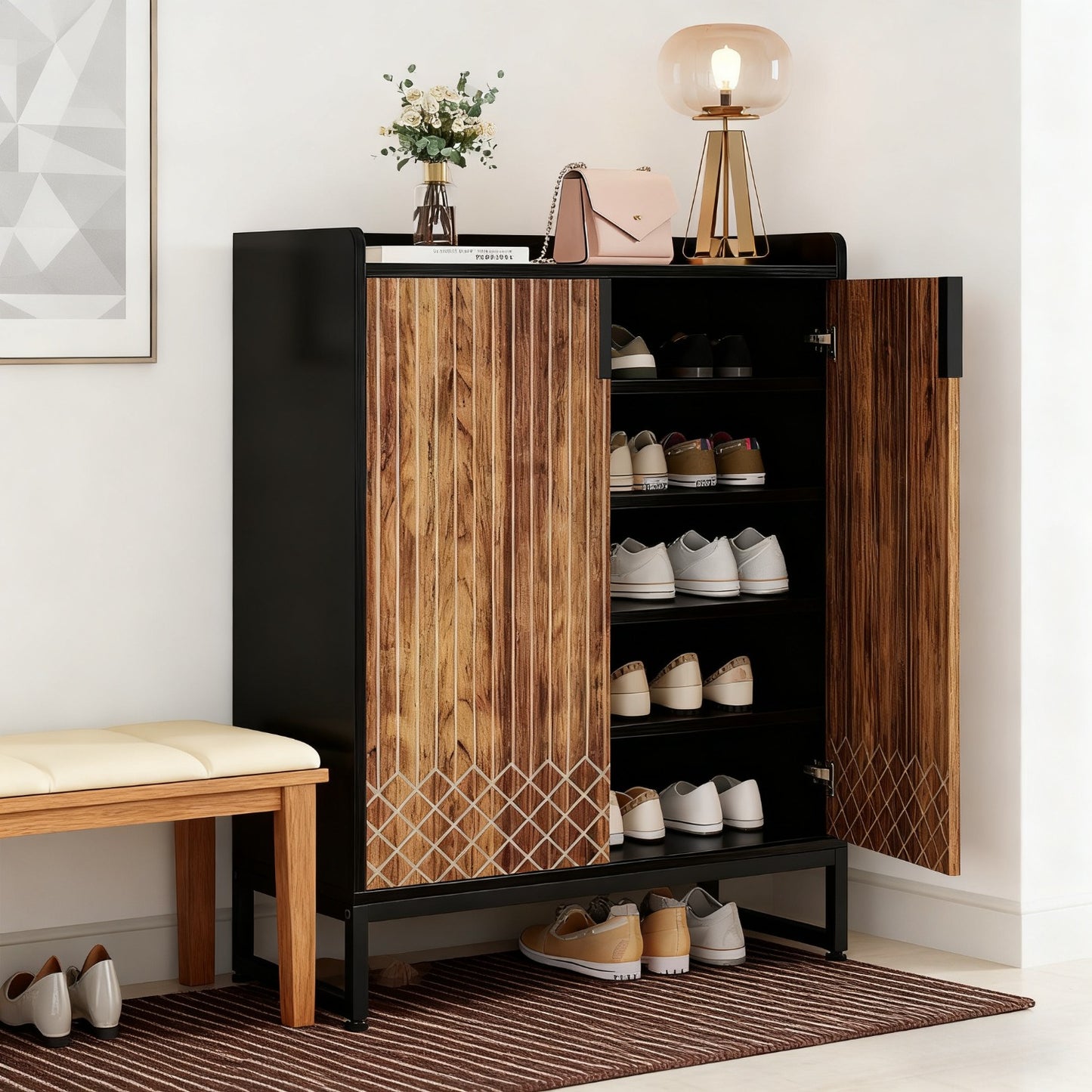 Schoenenkast – Schoenenrek – Schoenenopberger – Schoenenkast – Schoenenbank – 6-Laags – Voor 20-25 Paar Schoenen – MDF Hout Met Stevige Metalen Poten – Zwart/Bruin Verticale Opbergkast