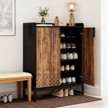 Schoenenkast – Schoenenrek – Schoenenopberger – Schoenenkast – Schoenenbank – 6-Laags – Voor 20-25 Paar Schoenen – MDF Hout Met Stevige Metalen Poten – Zwart/Bruin Verticale Opbergkast