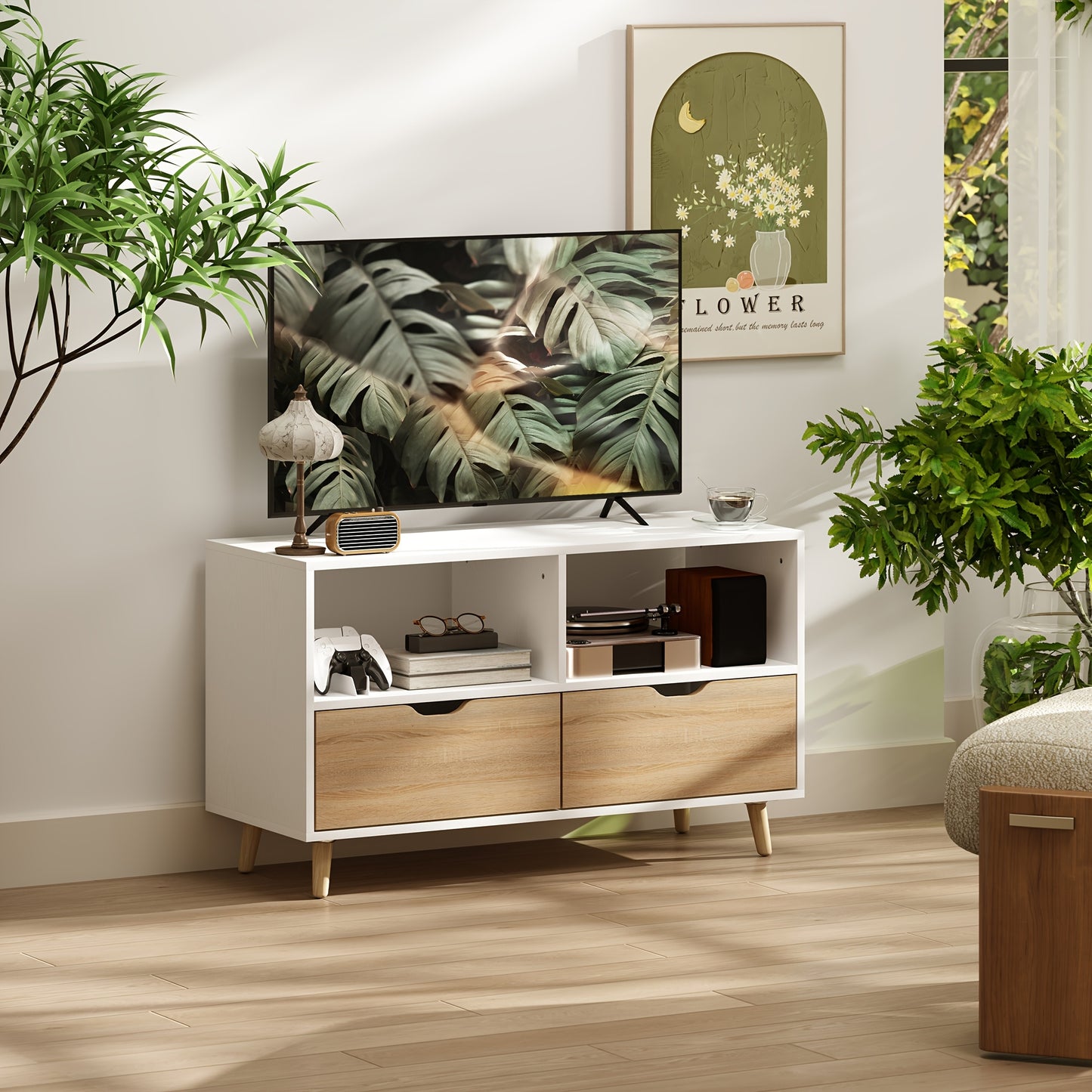 TV Stand, Low Cabinet with 2 Shelves And Drawers 99cm Long TV Table, Living Room TV Stand, White,  Tv Storage, Minimalist Design, Modern Tv Stand, Highquality Materials, Entertainment Center, Apartment Living, Modern Househol