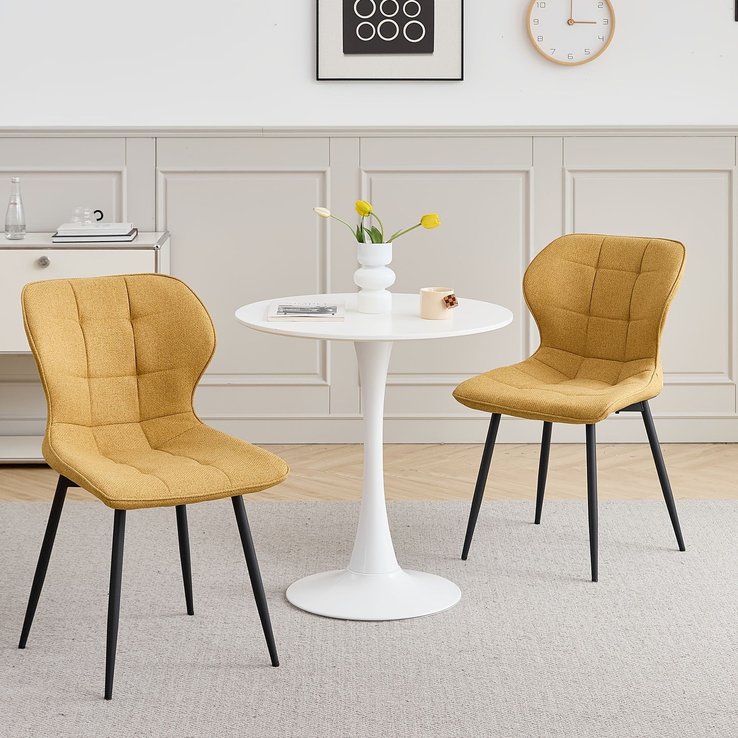 Eetkamerstoelen – Stoelen – Keukenstoelen – Zitmeubels – Meubelset – Gele Bekleding – Linnen Stoffen Zitting – Metalen Poten – Ergonomisch Ontwerp – Verstelbare Voetkappen