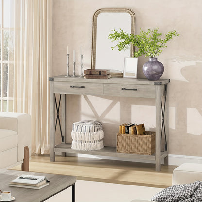 Farmhouse Sidetable – Wandtafel – Halmeubel – Sofa Tafel – Console Tafel – 2 Lades – Stevig MDF & Metalen Frame – Compact & Ruimtebesparend – Grijs