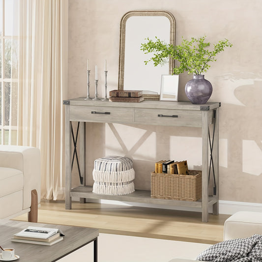 Farmhouse Sidetable – Wandtafel – Halmeubel – Sofa Tafel – Console Tafel – 2 Lades – Stevig MDF & Metalen Frame – Compact & Ruimtebesparend – Grijs