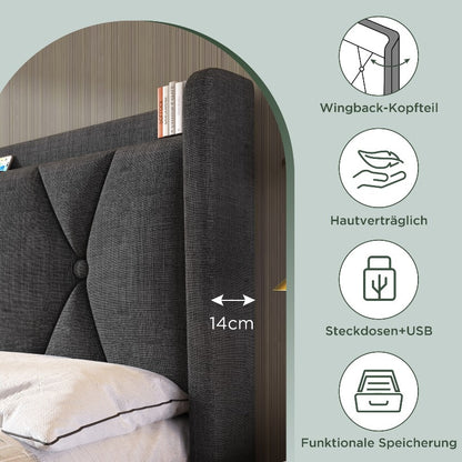 Bedframe 140x200 – Tweepersoonsbed – Opbergbed – Gestoffeerd Bed – Lattenbodem – Grijs – Met Opberglades en Hoofdeinde – Inclusief Matras en Houten Latten