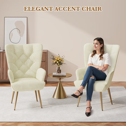 Fauteuil – Accentstoel – Relaxstoel – Leunstoel – Loungefauteuil – Fluwelen Bekleding – Wingback Design – Memory Foam Zitting – Metalen Frame Met Gouden Poten – Groen